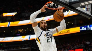 Rudy Gobert #27 of the Utah Jazz dunks during a game against the Dallas Mavericks at Vivint Smart Home Arena on Jan. 25, 2019 in Salt Lake City, Utah.