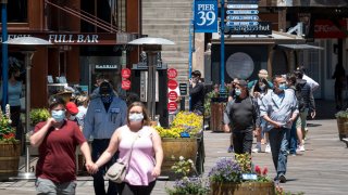 People wearing protective masks walk on Pier 39 in San Francisco