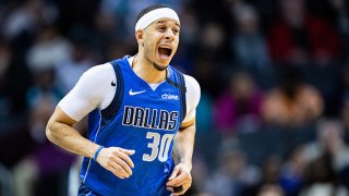 Seth Curry #30 of the Dallas Mavericks after he made a 3 point shot during the third quarter during his game against the Charlotte Hornets at Spectrum Center on Feb. 8, 2020 in Charlotte, North Carolina.
