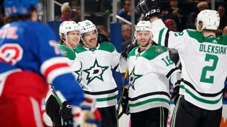 Stephen Johns #28 of the Dallas Stars celebrates with teammates after scoring a goal in the second period against the New York Rangers at Madison Square Garden on Feb. 3, 2020 in New York City.