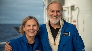 Dr. Kathy Sullivan and Victor Vescovo after their dive to Challenger Deep.