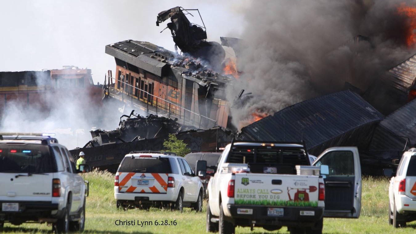 Photos from a freight train collision taken in Panhandle, Texas, on June 28, 2016.