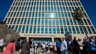 The US Embassy in Havana, Cuba, before the start of the flag raising ceremony, Friday, Aug. 14, 2015.