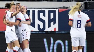 Carli Lloyd #10 of the U.S. woman's national soccer team celebrates with teammates Emily Sonnett #14, Christen Press #23 and Morgan Brian #6 after scoring during the first half against the Costa Rica woman's national soccer team at TIAA Bank Field on Nov. 10,2019 in Jacksonville, Florida.