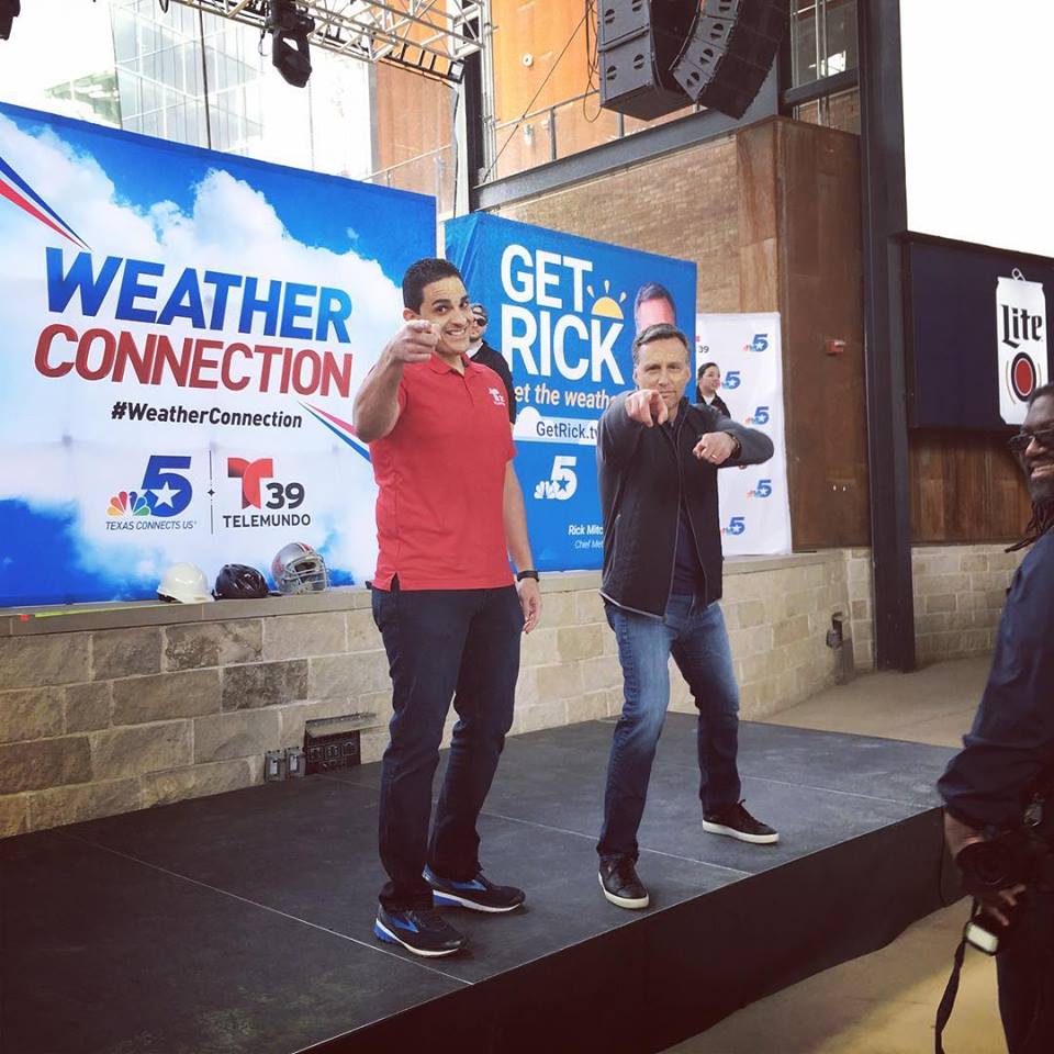 NBC 5 Chief Meteorologist Rick Mitchell and Telemundo 39 Chief Meteorologist Nestor Flecha ready to talk about storm safety at the Weather Connection event at Texas Live!