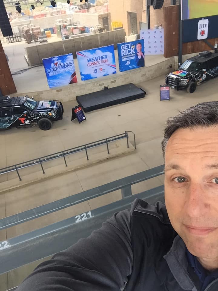 NBC 5 Chief Meteorologist Rick Mitchell checking out the set up before the kickoff of the Weather Connection event at Texas Live!