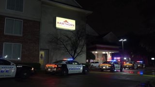 Officers were called at about 4:15 a.m. to a shooting at the Hawthorn Suites by Wyndham in the 7800 block of Alpha Road, where one person was found dead from gunshot wounds.