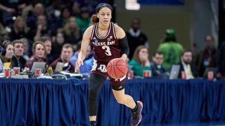 Texas A&M Aggies guard Chennedy Carter (3) dribbles the ball in game action during the Women's NCAA Division I Championship - Third Round game between the Notre Dame Fighting Irish and the Texas A&M Aggies on March 30, 2019 at the Wintrust Arena in Chicago, Illinois.