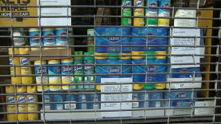 clorox wipes stacked inside a storefront