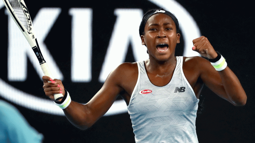 United States’ Cori “Coco” Gauff reacts during her first round singles match against compatriot Venus Williams at the Australian Open tennis championship in Melbourne, Australia, Monday, Jan. 20, 2020.