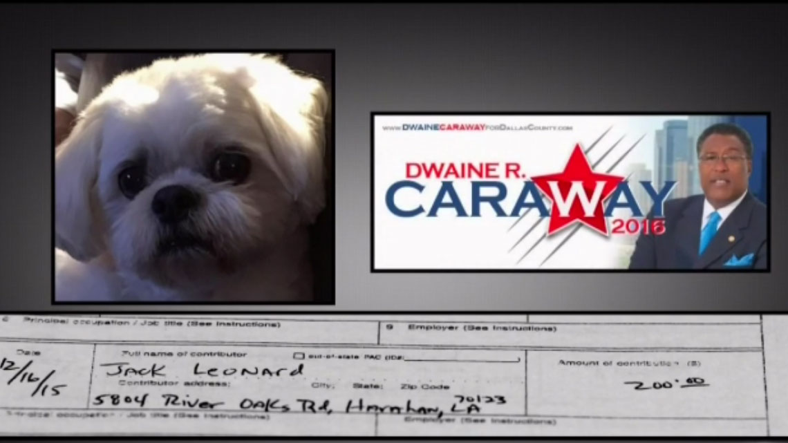 Political campaign contributions were seized. According to records obtained by NBC 5, Leonard's dog Jack made a $200 donation to Dwaine Caraway's campaign.