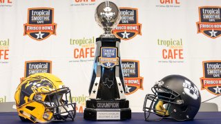 Frisco bowl trophy, team helmets