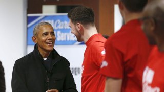Former President Barack Obama greets Dallas Mavericks forward Luka Doncic (77) during a NBA Cares Day of Service event during NBA All Star 2020 at Wintrust Arena in Chicago on Friday, February 14, 2020.