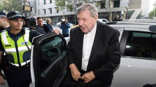 Australian Cardinal George Pell arrives at the Magistrates Court in Melbourne, Australia, Tuesday, May 1, 2018.
