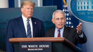 In this April 5, 2020, file photo, Anthony Fauci, director of the National Institute of Allergy and Infectious Diseases, speaks alongside U.S. President Donald Trump at a press briefing with members of the White House Coronavirus Task Force in Washington, DC.