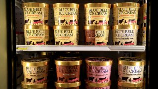 FILE: Blue Bell Ice Cream is seen on shelves of an Overland Park grocery store prior to being removed on April 21, 2015 in Overland Park, Kansas. Blue Bell Creameries recalled all products following a Listeria contamination.