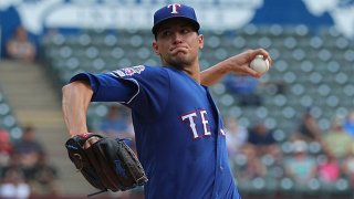 Brett Martin #59 of the Texas Rangers pitches against the Seattle Mariners in the first inning at Globe Life Park in Arlington on Sept. 1, 2019 in Arlington, Texas.