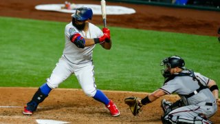 Texas Rangers second baseman Rougned Odor (12) waits for the pitch during the game between the Texas Rangers and the Arizona Diamondbacks on July 28, 2020 in Globe Life Field in Arlington, Texas.