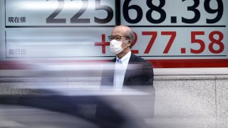 In this July 13, 2020, file photo, a man wearing a face mask to help curb the spread of the coronavirus stands near an electronic stock board showing Japan's Nikkei 225 index at a securities firm in Tokyo.