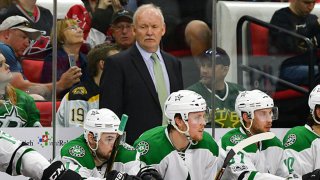 Dallas Stars head coach Lindy Ruff on the bench in a game between the Dallas Stars and the Carolina Hurricanes on April 1, 2017 at the PNC Arena in Raleigh, NC. Dallas defeated Carolina 3-0.