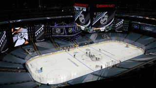 The Dallas Stars face-off against the Nashville Predators in an exhibition game prior to the 2020 NHL Stanley Cup Playoffs at Rogers Place on July 30, 2020 in Edmonton, Alberta, Canada.