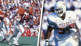 LEFT: Texas Earl Campbell (20) in action, rushing versus Oklahoma in Austin, Texas on Oct. 31, 1977. RIGHT: Running back Ricky Williams #34 of the Texas Longhorns in action during a game against the Kansas State Wildcats at the KSU Wagner Field in Manhattan, Kansas. The Wildcats defeated the Longhorns 48-7.
