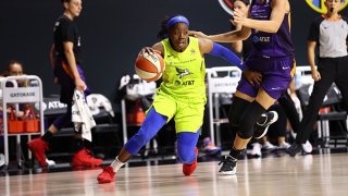 Arike Ogunbowale #24 of the Dallas Wings handles the ball against the Phoenix Mercury on Aug. 16, 2020 at Feld Entertainment Center in Palmetto, Florida.