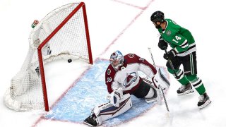 Pavel Francouz #39 of the Colorado Avalanche allows a goal on a shot by Alexander Radulov (not pictured) of the Dallas Stars during the first period in Game Four of the Western Conference Second Round during the 2020 NHL Stanley Cup Playoffs at Rogers Place on Aug. 30, 2020 in Edmonton, Alberta, Canada.