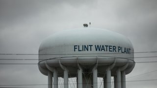 The Flint Water Plant tower stands in Flint, Michigan, U.S., on April 13, 2020.