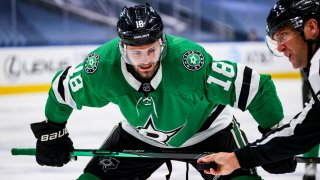 Jason Dickinson #18 of the Dallas Stars. gets ready for a face-off against the Colorado Avalanche during the second period of a Western Conference Round Robin game during the 2020 NHL Stanley Cup Playoff at Rogers Place on August 05, 2020 in Edmonton, Alberta.