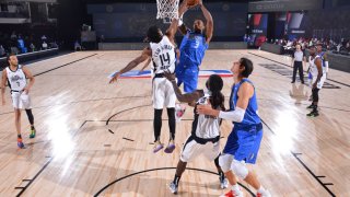 Antonius Cleveland #3 of the Dallas Mavericks shoots the ball against the LA Clippers during Round One, Game Five of the NBA Playoffs on August 25, 2020 at the AdventHealth Arena at ESPN Wide World Of Sports Complex in Orlando, Florida.