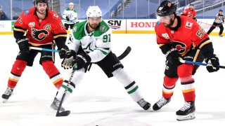 the Calgary Flames during the second period of Game Six of the Western Conference First Round of the 2020 NHL Stanley Cup Playoffs at Rogers Place on August 20, 2020 in Edmonton, Alberta.