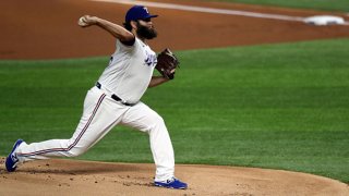 Lance Lynn #35 of the Texas Rangers throws against the Oakland Athletics in the first inning at Globe Life Field on Aug. 24, 2020 in Arlington, Texas.