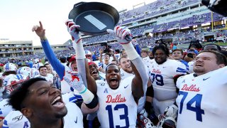 The Southern Methodist Mustangs celebrate beating the TCU Horned Frogs 41-38 at Amon G. Carter Stadium on Sept. 21, 2019 in Fort Worth, Texas.