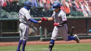 Shin-Soo Choo #17 of the Texas Rangers is congratulated by third base coach Tony Beasley #27 on his two-run home run against the San Francisco Giants in the top of the fifth inning at Oracle Park on Aug. 2, 2020 in San Francisco, California. (Photo by Thearon W. Henderson/Getty Images)