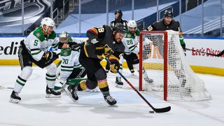 William Carrier #28 of the Vegas Golden Knights scores against Ben Bishop #30 of the Dallas Stars during the third period of a Round Robin game during the 2020 NHL Stanley Cup Playoff at Rogers Place on Aug. 3, 2020 in Edmonton, Alberta.