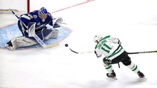 Andrei Vasilevskiy #88 of the Tampa Bay Lightning makes the save on a shot by Andrew Cogliano #11 of the Dallas Stars during the second period in Game Two of the 2020 NHL Stanley Cup Final at Rogers Place on Sept. 21, 2020 in Edmonton, Alberta, Canada.