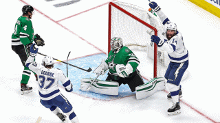 Pat Maroon #14 of the Tampa Bay Lightning celebrates the game winning goal by Kevin Shattenkirk (not pictured) past Anton Khudobin #35 to give the Lightning the 5-4 victory against the Dallas Stars during the first overtime period in Game Four of the 2020 NHL Stanley Cup Final at Rogers Place on Sept. 25, 2020 in Edmonton, Alberta, Canada.