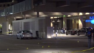 Officers responded about 2:47 a.m. to the shooting call in the 13340 block of Dallas Parkway, where witnesses told police a group of males in a dark-colored sedan shot at a white Mercedes in front of the hotel.