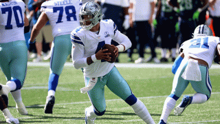 Dak Prescott #4 of the Dallas Cowboys scrambles with the ball against the Seattle Seahawks during the first quarter in the game at CenturyLink Field on Sept. 27, 2020 in Seattle, Washington.