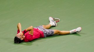 Dominic Thiem, of Austria, reacts after defeating Alexander Zverev, of Germany, in the men's singles final of the US Open tennis championships, Sunday, Sept. 13, 2020, in New York.