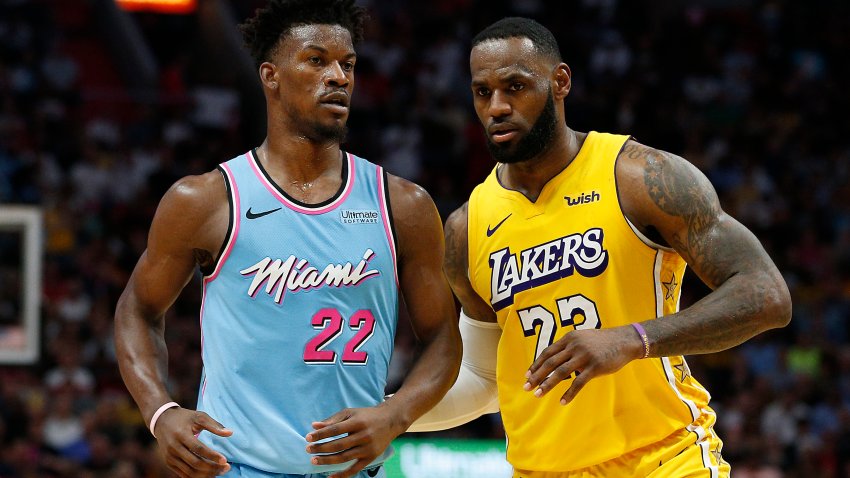 File Image: LeBron James #23 of the Los Angeles Lakers guards Jimmy Butler #22 of the Miami Heat during the second half at American Airlines Arena on December 13, 2019 in Miami, Florida.