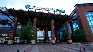 ARLINGTON, TX – JULY 24: A general view of the exterior of Globe Life Field before the inaugural game between the Colorado Rockies and the Texas Rangers at Globe Life Field in Arlington on Friday, July 24, 2020 in Arlington, Texas. (Photo by Cooper Neill/MLB Photos via Getty Images)