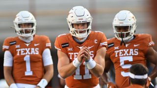 Texas Longhorn QB Sam Ehlinger (11) during warm ups prior to game against the UTEP Miners on September 12, 2020, at Darrell K Royal-Texas Memorial Stadium in Austin, TX.