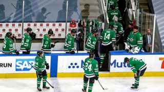 The Dallas Stars leave the ice after their 4-1 defeat to the Colorado Avalanche in Game Six of the Western Conference Second Round during the 2020 NHL Stanley Cup Playoffs at Rogers Place on September 02, 2020 in Edmonton, Alberta, Canada.