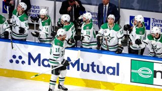 Joe Pavelski #16 of the Dallas Stars is congratulated by his teammates after scoring a goal against the Tampa Bay Lightning during the second period in Game Two of the 2020 NHL Stanley Cup Final at Rogers Place on September 21, 2020 in Edmonton, Alberta, Canada.