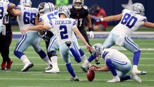 Greg Zuerlein #2 of the Dallas Cowboys kicks the game-winning field goal against the Atlanta Falcons in the final seconds of the fourth quarter at AT&T Stadium on Sept. 20, 2020 in Arlington, Texas.