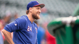 Hunter Pence #24 of the Texas Rangers waits tot take batting practice before a game against the Seattle Mariners at T-Mobile Park on July 23, 2019 in Seattle, Washington. The Rangers won 7-2.