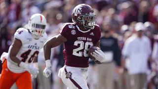 Texas A&M Aggies running back Isaiah Spiller (28) runs the ball during the college football game between the UTSA Roadrunners and the Texas A&M Aggies on Nov. 2, 2019 at Kyle Field in College Station, Texas.