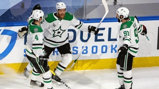 Joe Pavelski #16 of the Dallas Stars is congratulated by his teammates after scoring a goal against the Tampa Bay Lightning during the third period in Game Five of the 2020 NHL Stanley Cup Final at Rogers Place on Sept. 26, 2020 in Edmonton, Alberta, Canada.